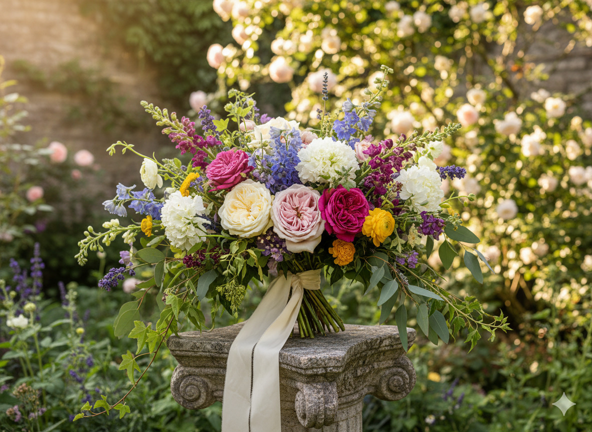 Garden roses and mixed seasonal flowers bouquet